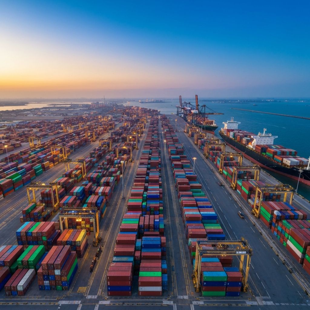 Global trade port with shipping containers